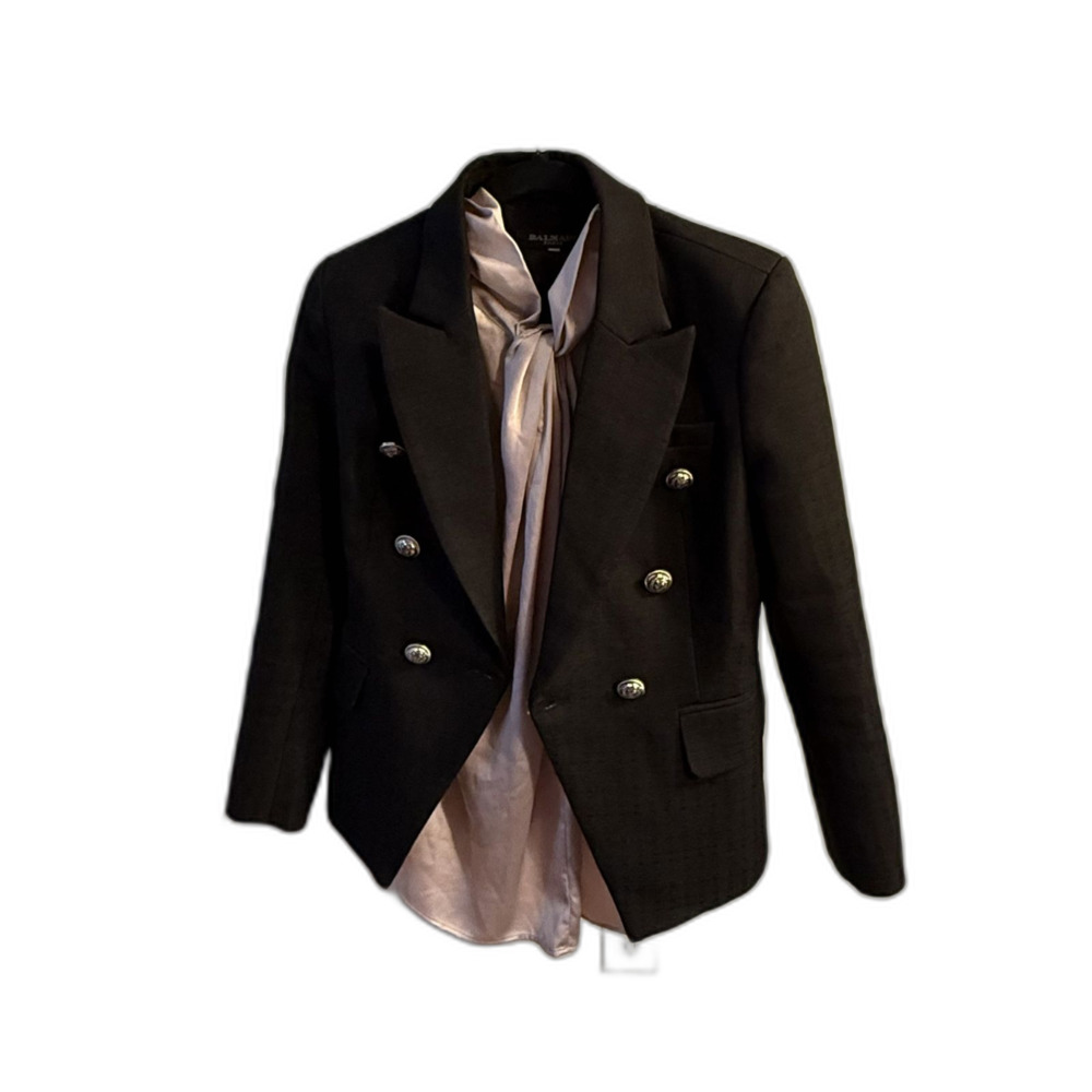 Balmain-Style Black Double-Breasted Blazer + Blush Satin Tie-Neck Top — Bundle